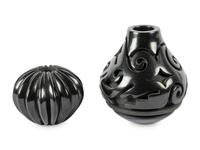 Two Jars: Carved Blackware Jar with Avanyu Design, 1988 and Blackware Melon Jar, 1985