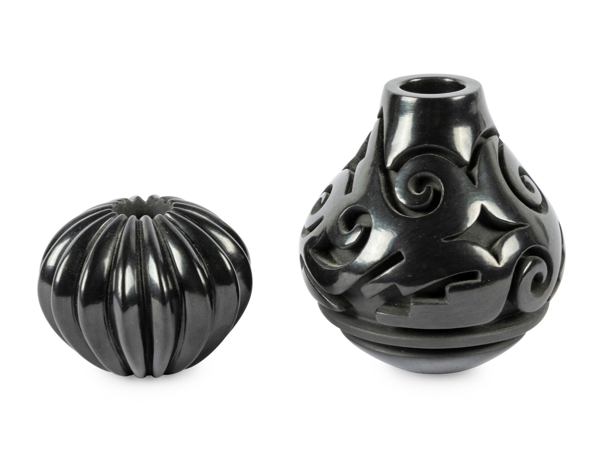 Two Jars: Carved Blackware Jar with Avanyu Design, 1988 and Blackware Melon Jar, 1985
