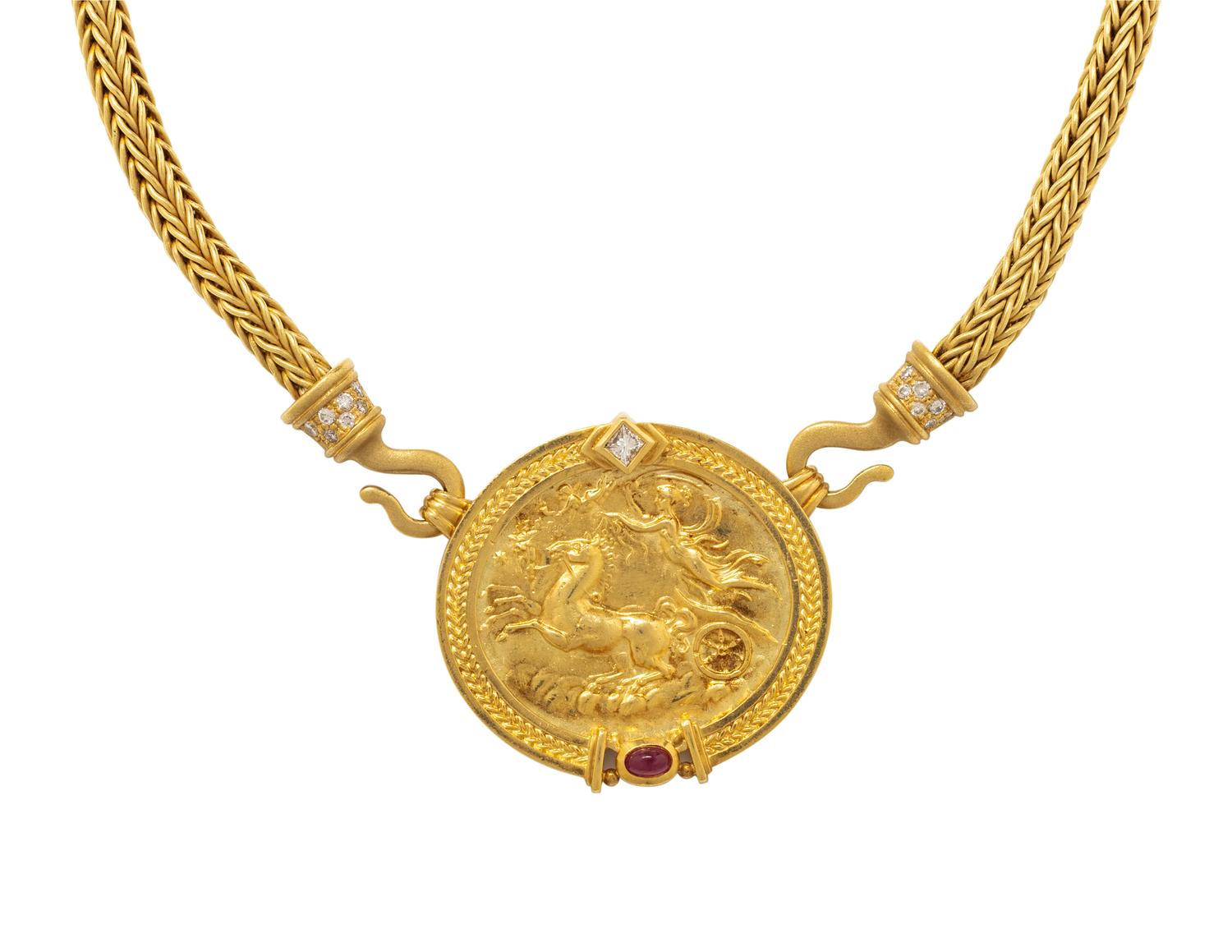 SEIDEN GANG, YELLOW GOLD, DIAMOND AND RUBY NECKLACE/BROOCH