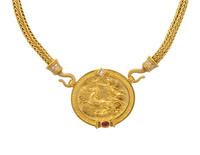 SEIDEN GANG, YELLOW GOLD, DIAMOND AND RUBY NECKLACE/BROOCH