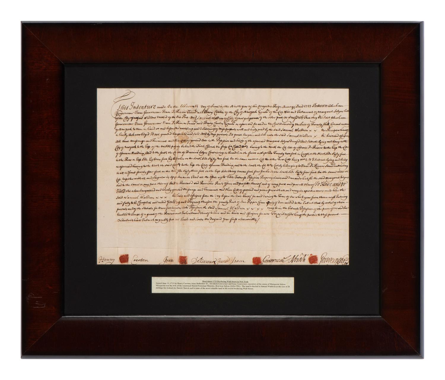 [NEW YORK]. Colonial-era manuscript indentures for property near Wall Street, 1694-1743.
