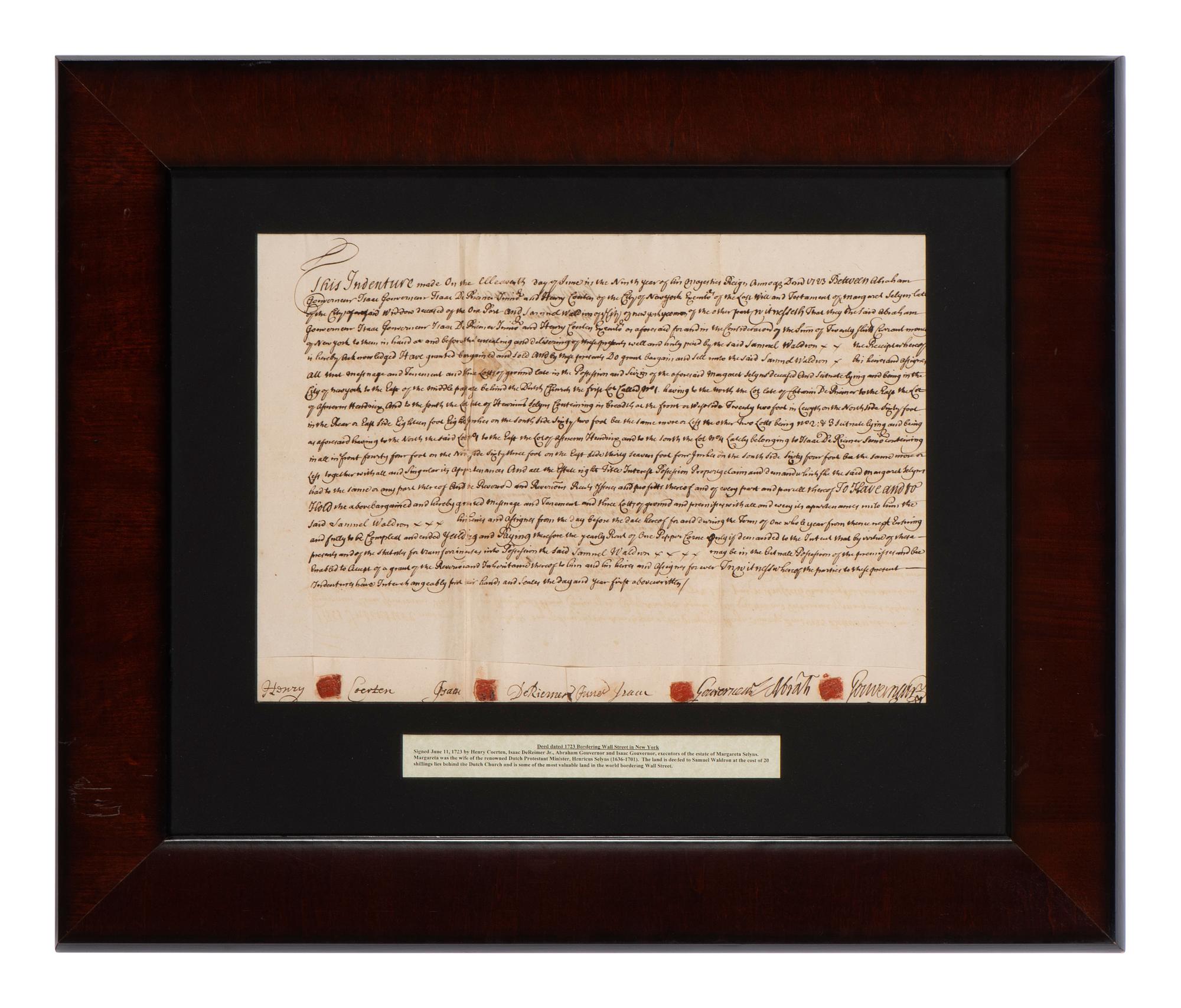 [NEW YORK]. Colonial-era manuscript indentures for property near Wall Street, 1694-1743.
