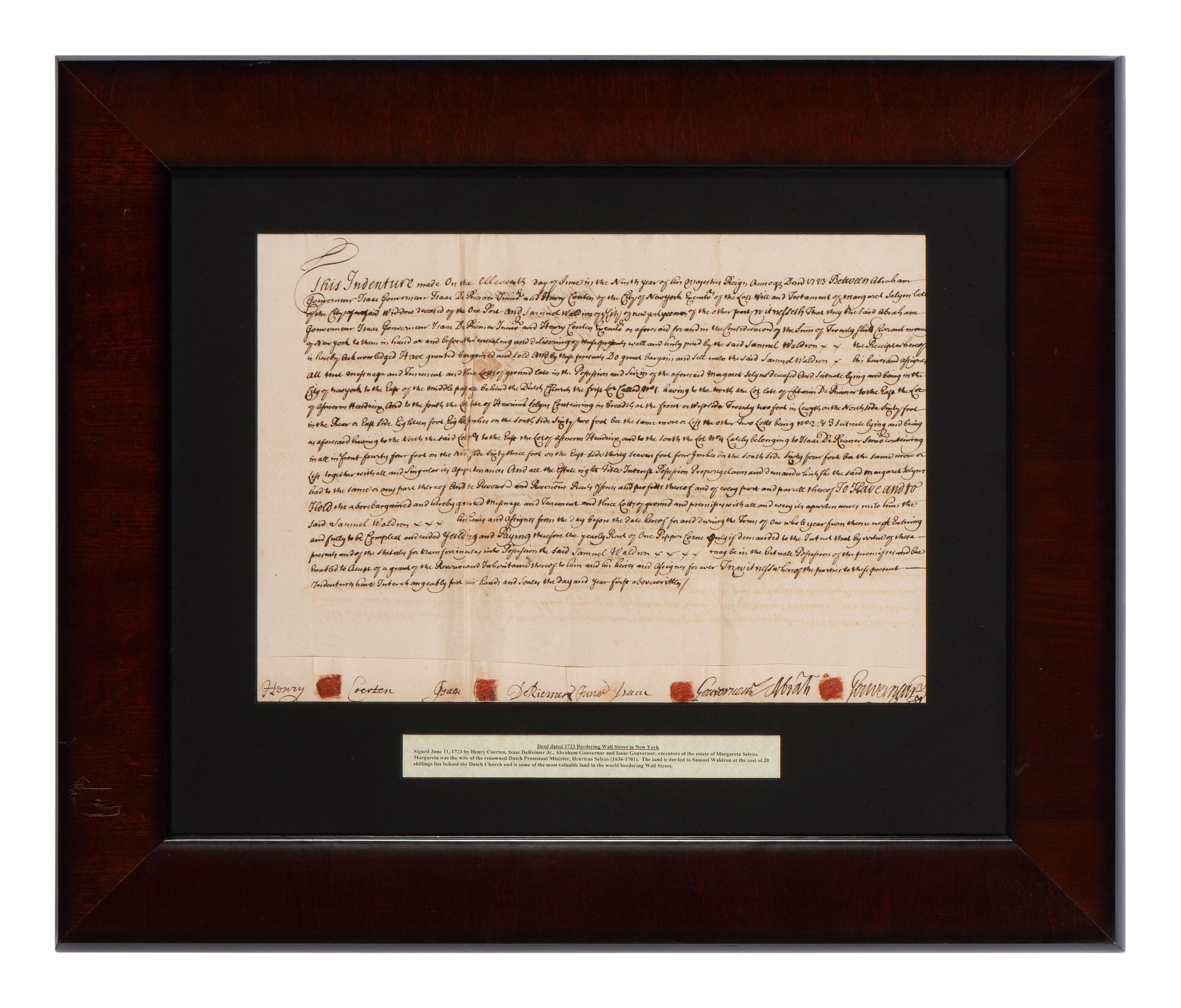 [NEW YORK]. Colonial-era manuscript indentures for property near Wall Street, 1694-1743.