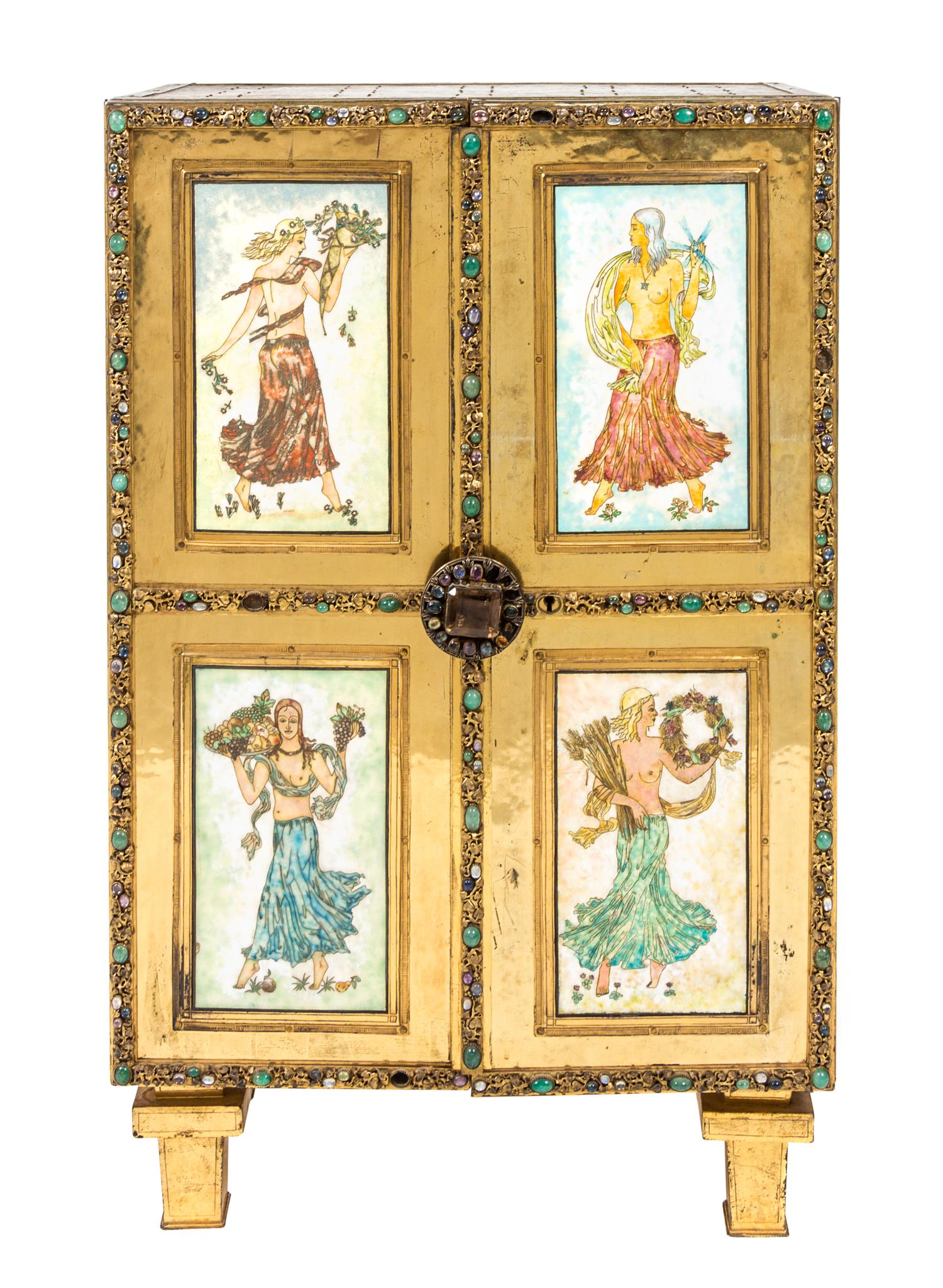 A Continental Jeweled and Enamel Inset Silvered Side Cabinet Height 33 1/2 x width 20 3/4 x depth 12 1/4 inches.