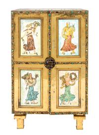 A Continental Jeweled and Enamel Inset Silvered Side Cabinet Height 33 1/2 x width 20 3/4 x depth 12 1/4 inches.