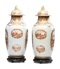 A Pair of Chinese Export Parcel Gilt and Sepia Decorated Porcelain Covered Urns