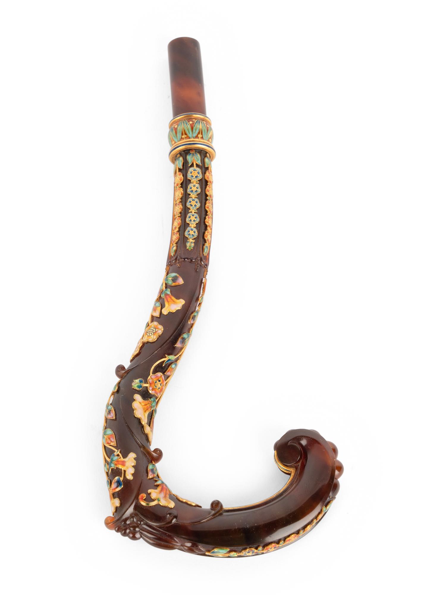 A French Gold-Mounted and Enameled Tortoise Shell Parasol Handle Retailed by Tiffany and Co.