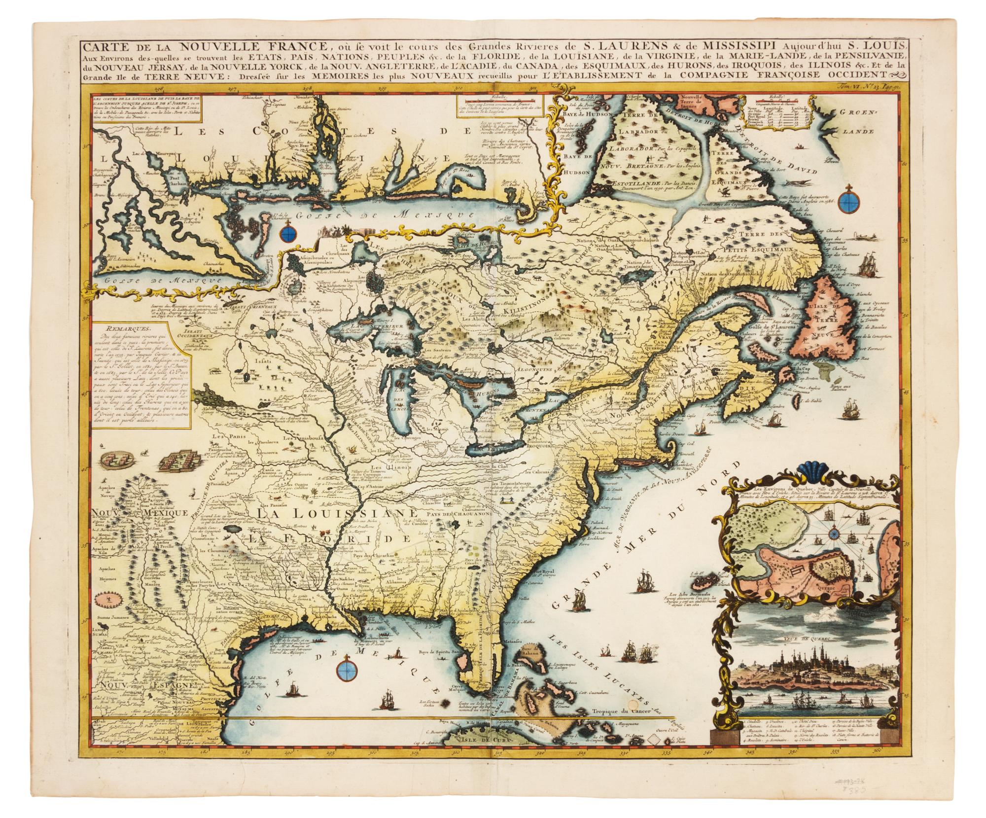 CHATELAIN, Henri Abraham. Carte de la Nouvelle France...le cours des Grandes Rivieres de S. Laurens & de Mississipi. [Amst, 1719]