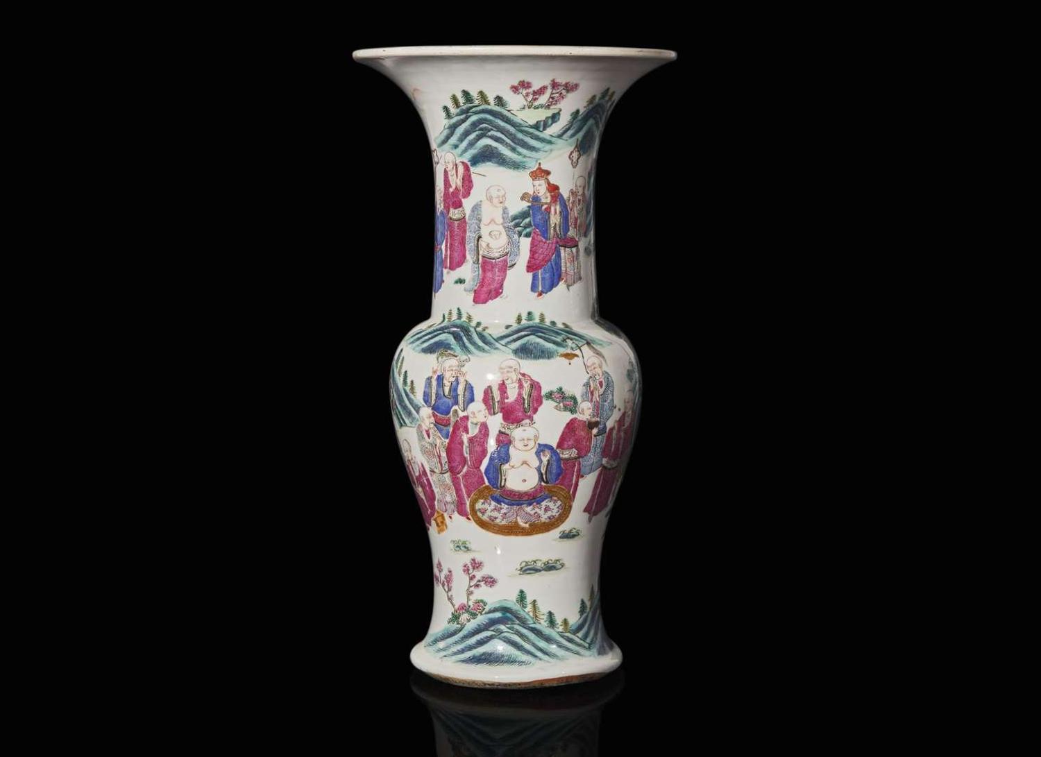 A Chinese famille rose-decorated "Lohans" "Phoenix-tail" vase, Qing dynasty, 19th century 粉彩通景羅漢鳳尾尊 清 十九世紀