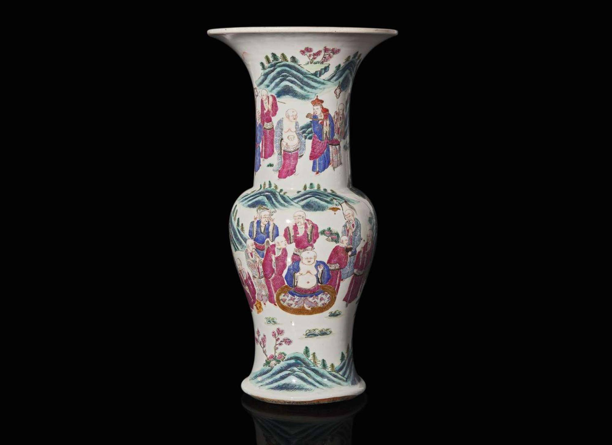 A Chinese famille rose-decorated "Lohans" "Phoenix-tail" vase, Qing dynasty, 19th century 粉彩通景羅漢鳳尾尊 清 十九世紀