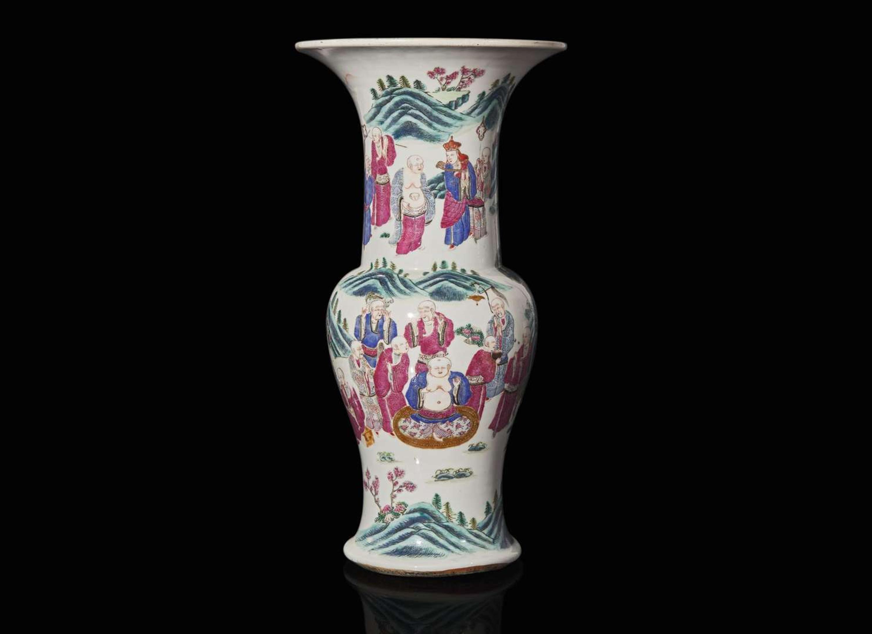 A Chinese famille rose-decorated "Lohans" "Phoenix-tail" vase, Qing dynasty, 19th century 粉彩通景羅漢鳳尾尊 清 十九世紀