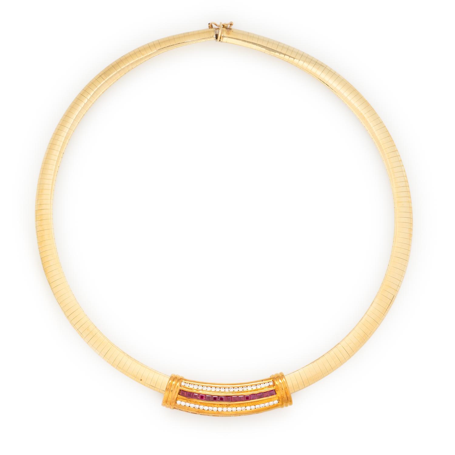 RUBY AND DIAMOND SLIDE PENDANT WITH YELLOW GOLD OMEGA CHAIN