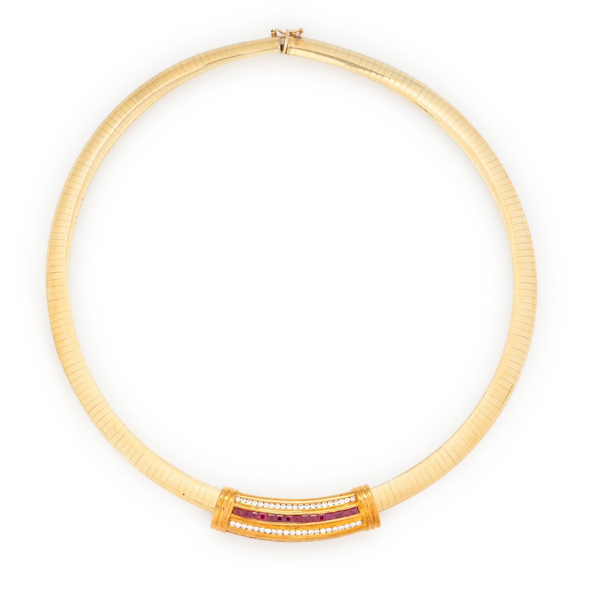 RUBY AND DIAMOND SLIDE PENDANT WITH YELLOW GOLD OMEGA CHAIN