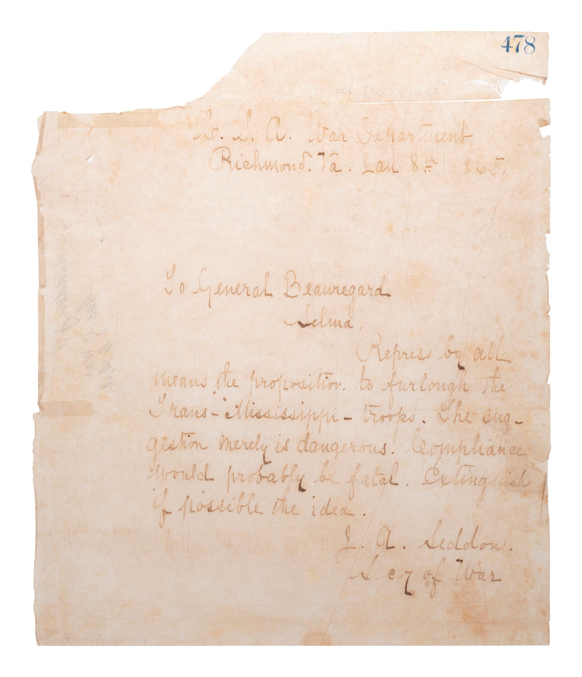 [CIVIL WAR]. SEDDON, James Alexander (1815-1880). Autograph letter signed ("J. A. Seddon"), as Confederate States Secretary of War, to P. G. T. BEAUREGARD. Richmond, VA, 8 January 1865.