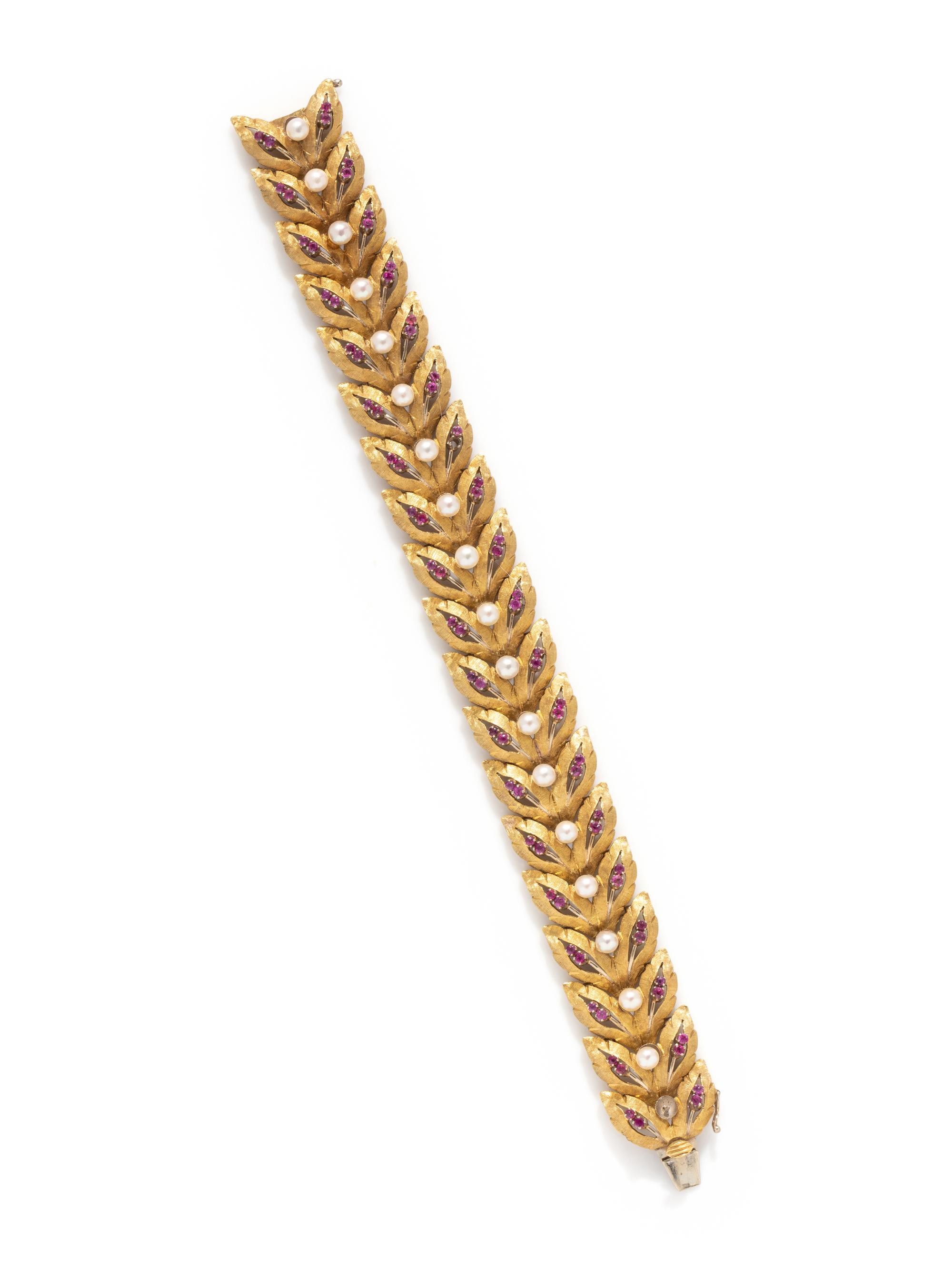 YELLOW GOLD, CULTURED PEARL AND RUBY BRACELET