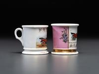 Two Porcelain Shaving Mugs Depicting Open Touring Cars