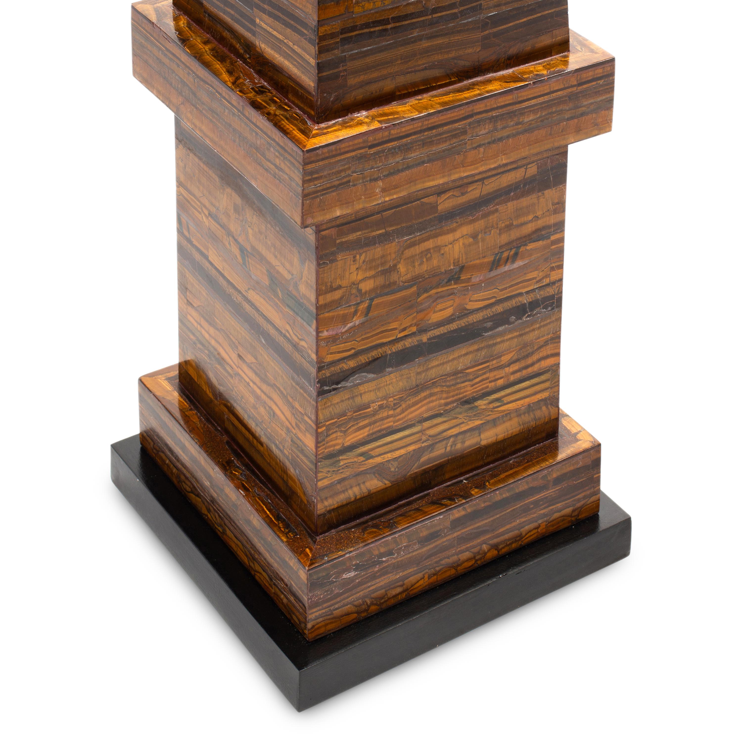 A Pair of Monumental Tiger's Eye Veneered Obelisks