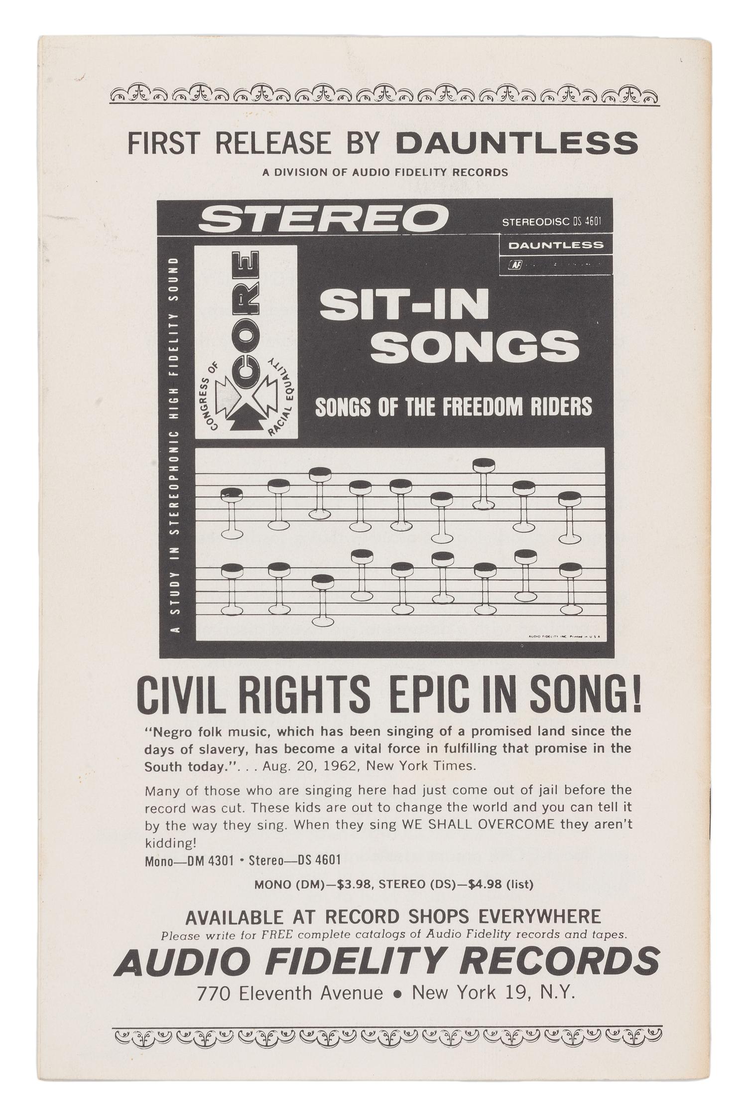 [CIVIL RIGHTS]. CORE Sit-In Songs . New York: Congress of Racial Equality, 1962.