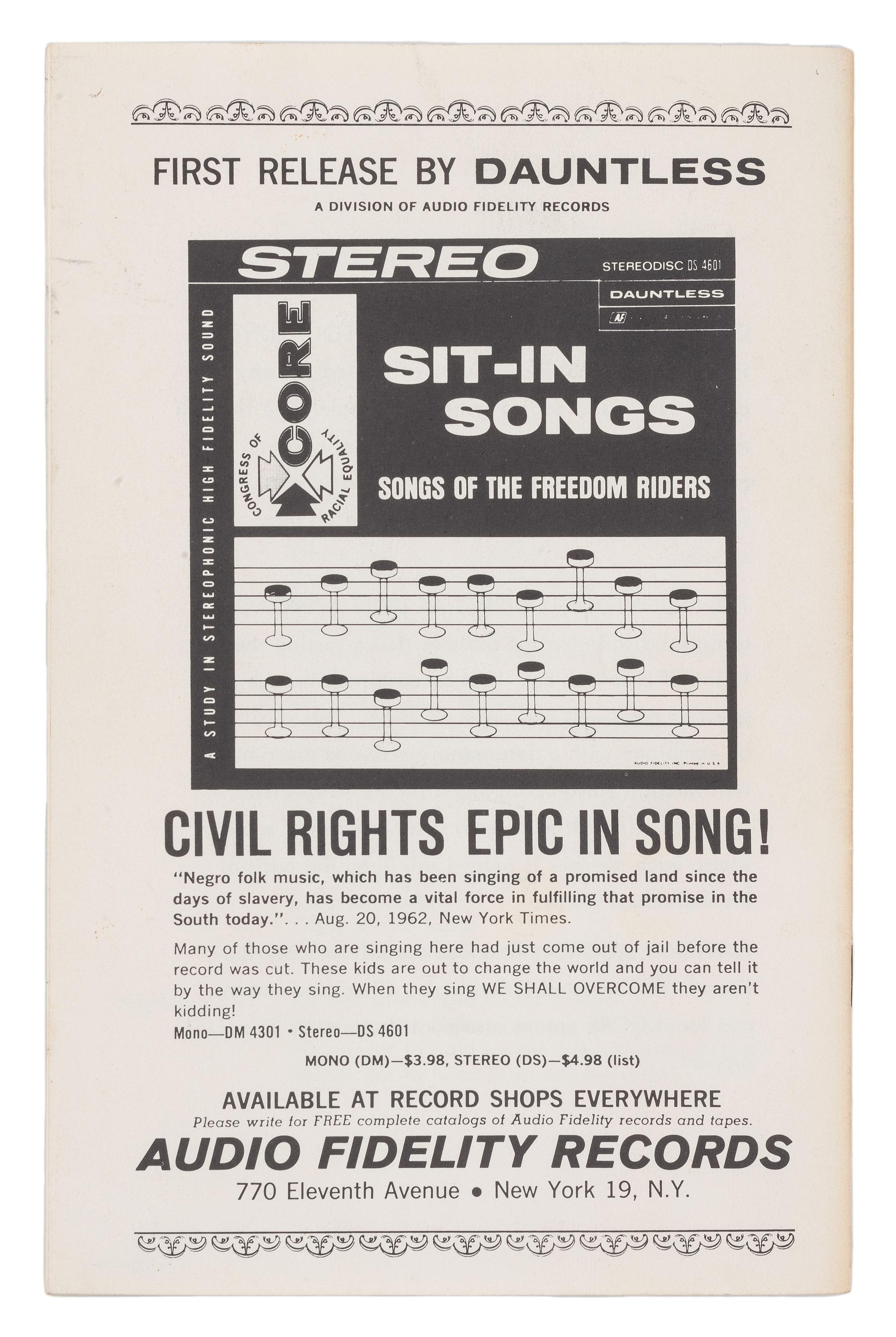 [CIVIL RIGHTS]. CORE Sit-In Songs . New York: Congress of Racial Equality, 1962.