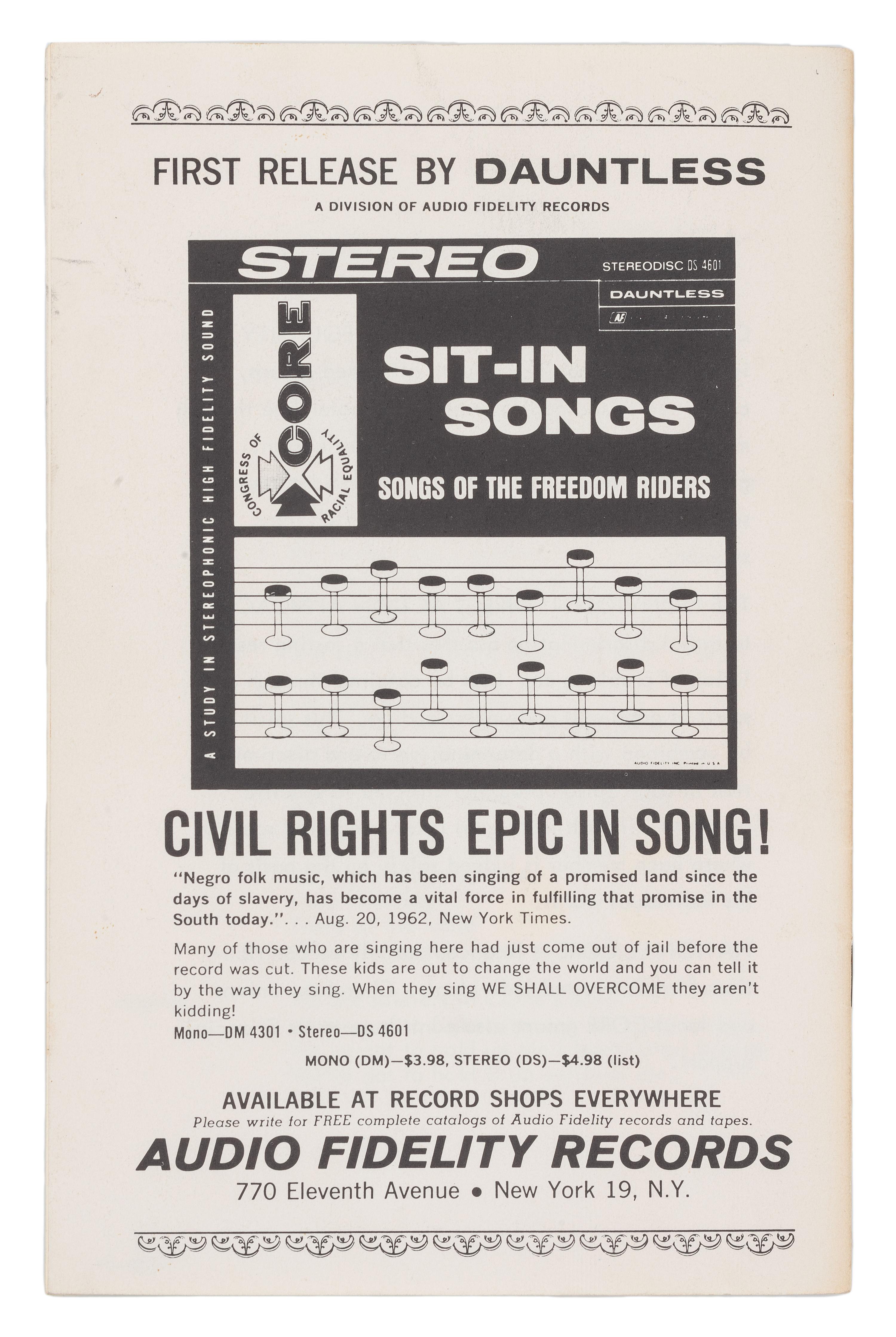 [CIVIL RIGHTS]. CORE Sit-In Songs . New York: Congress of Racial Equality, 1962.