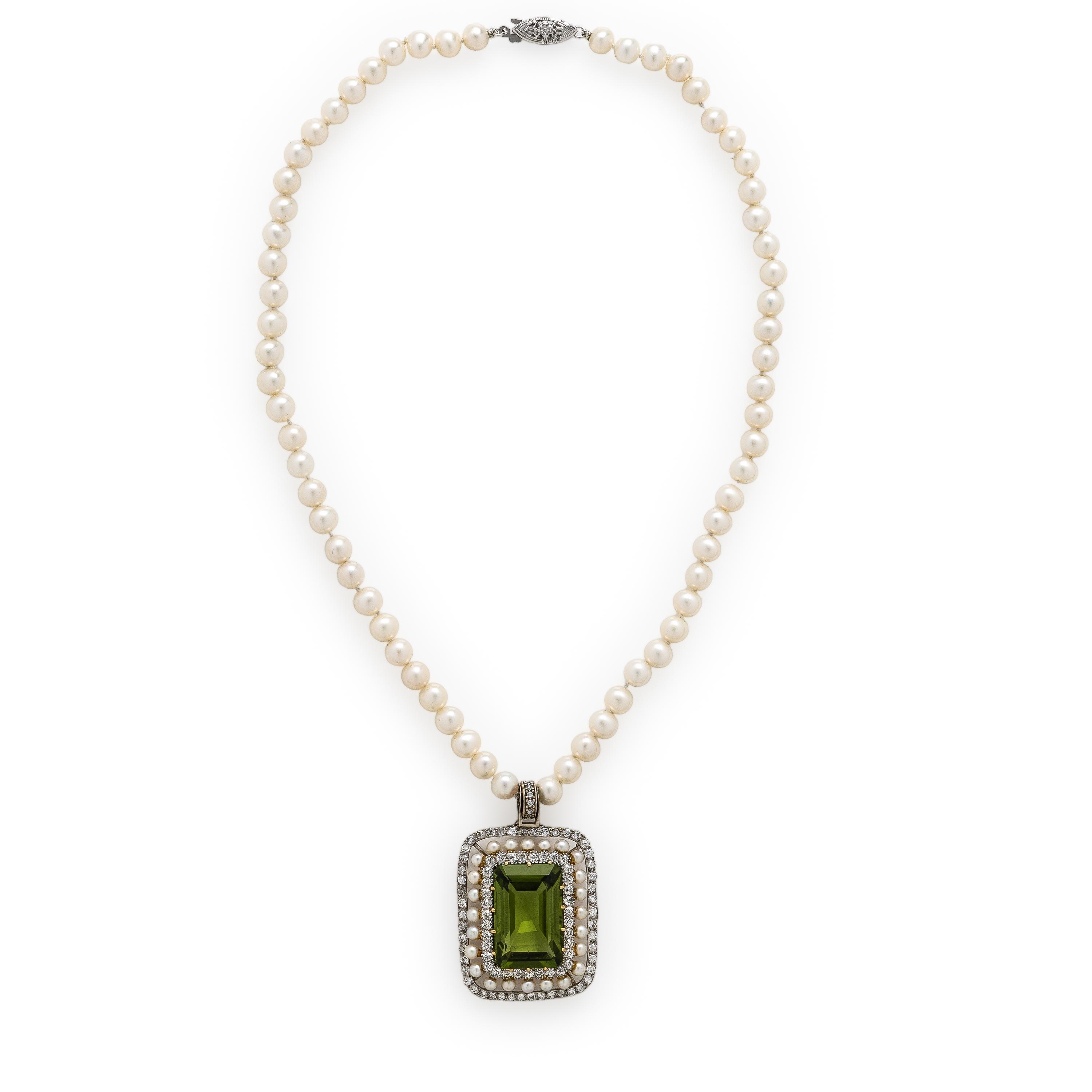 Peridot, Diamond, and Cultured Pearl Necklace
