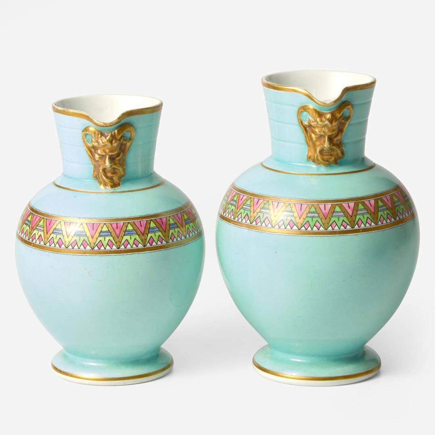 A Near Pair of Wedgwood Doric Jugs with Egyptian Decoration Designed by Christopher Dresser (1834-1904) UK, 1860s