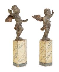 A Pair of Italian Carved Putti on Painted Faux-Marble Bases — 17TH/18TH CENTURY