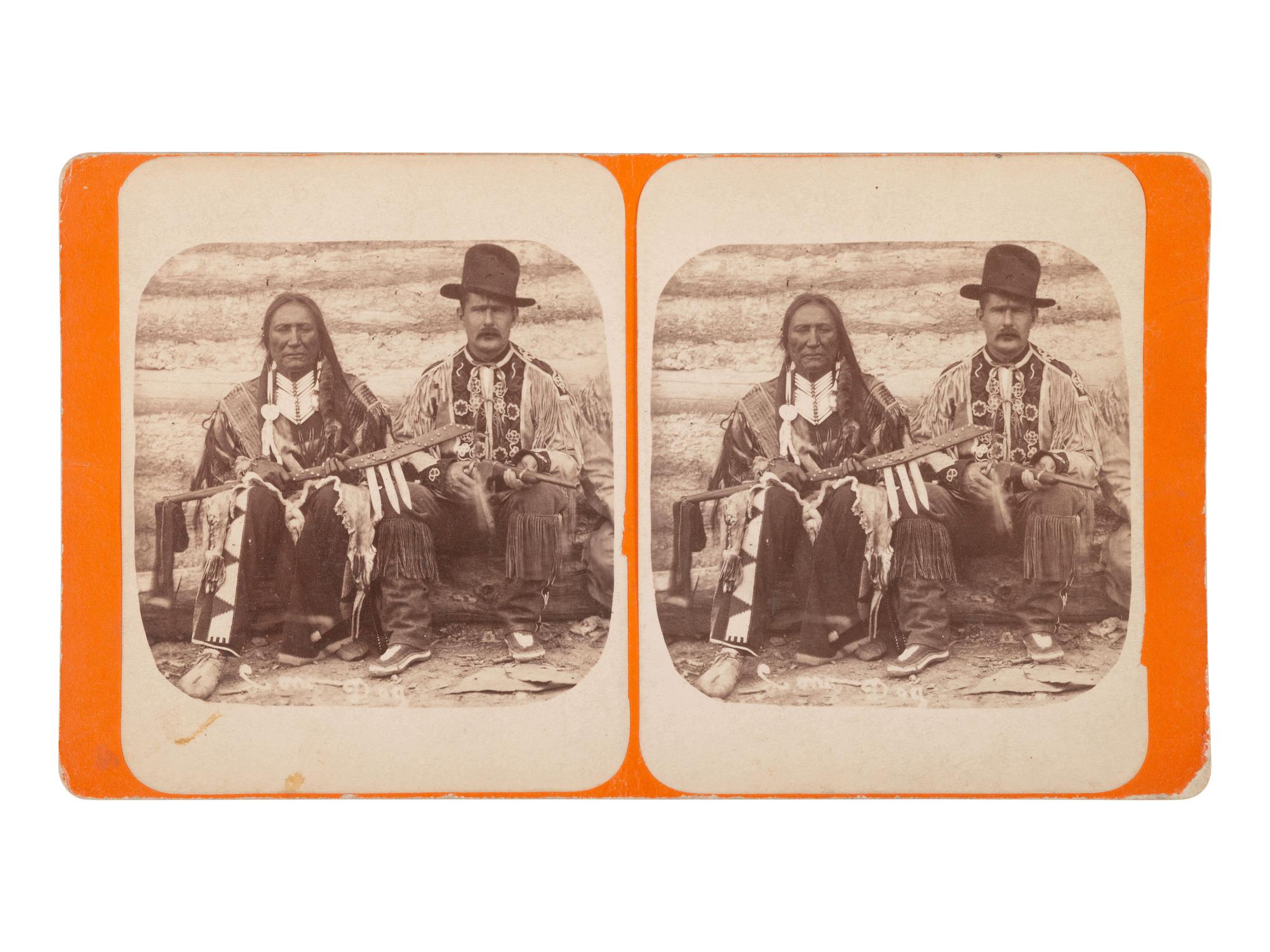 AUDERTON & CULVER, photographers. Stereoview of Hunkpapa Chief Long Dog and George Wills, B Troop, Northwest Mounted Police. Ca 1876.