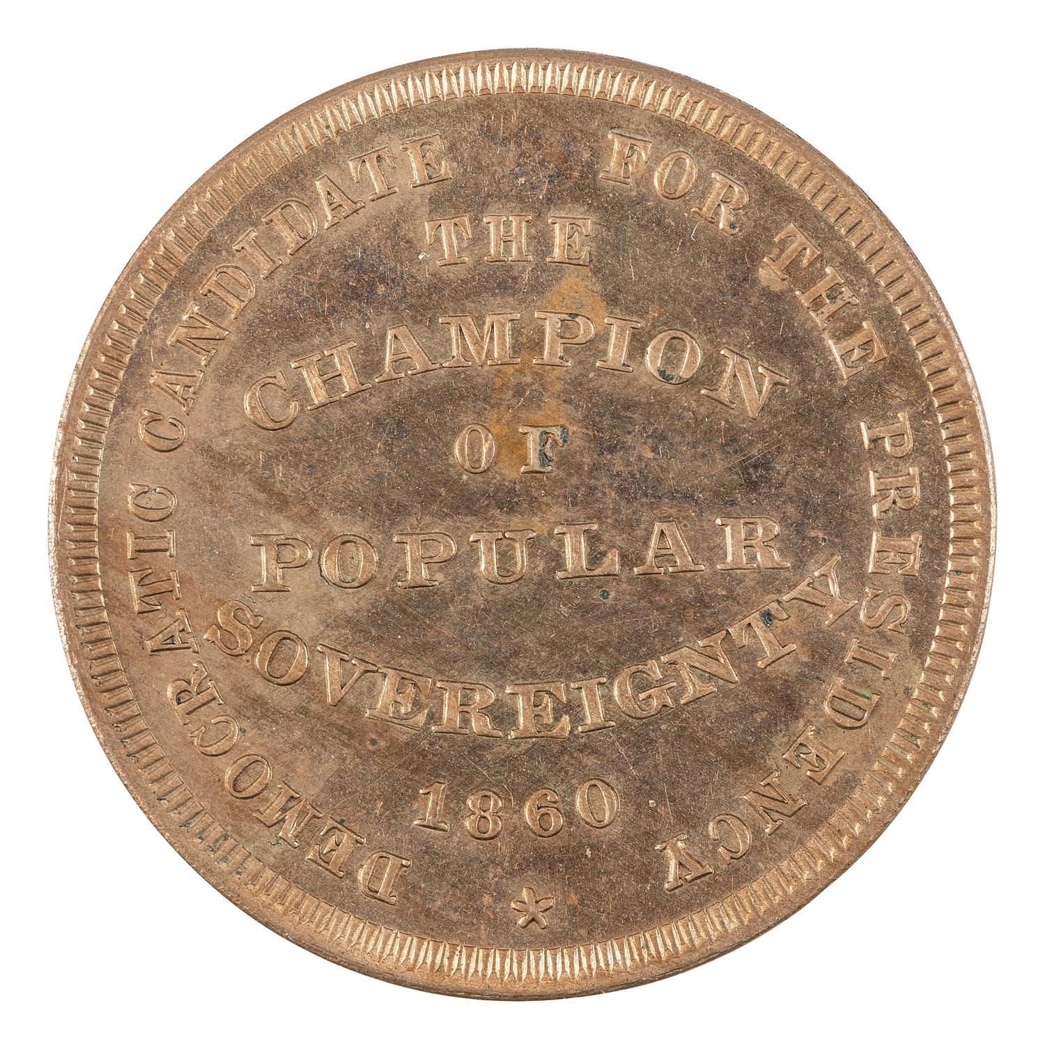 [POLITICS]. Stephen A. Douglas and Hershel Johnson, back-to-back campaign ferrotype badge and brass presidential token. 1860.