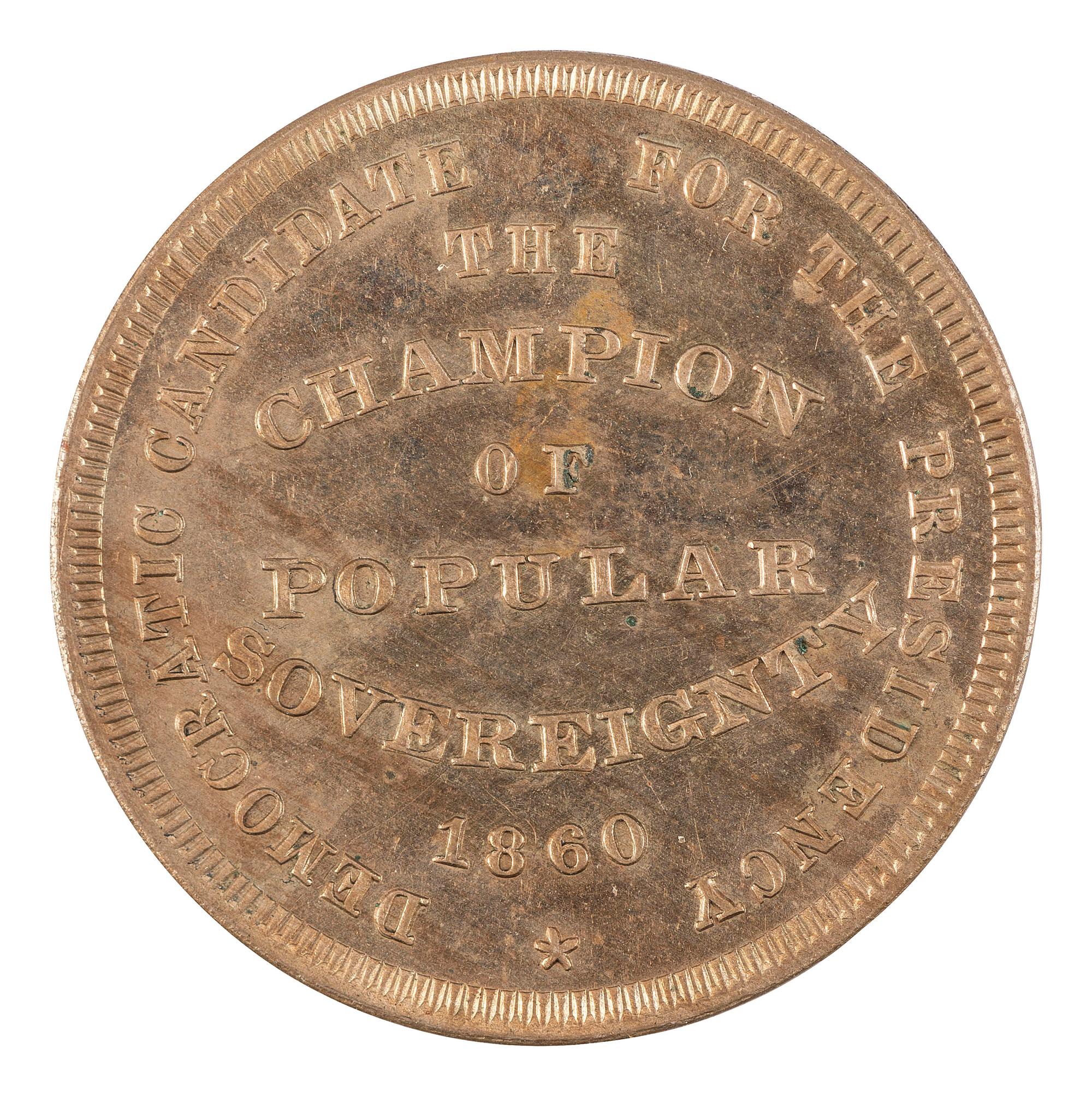 [POLITICS]. Stephen A. Douglas and Hershel Johnson, back-to-back campaign ferrotype badge and brass presidential token. 1860.