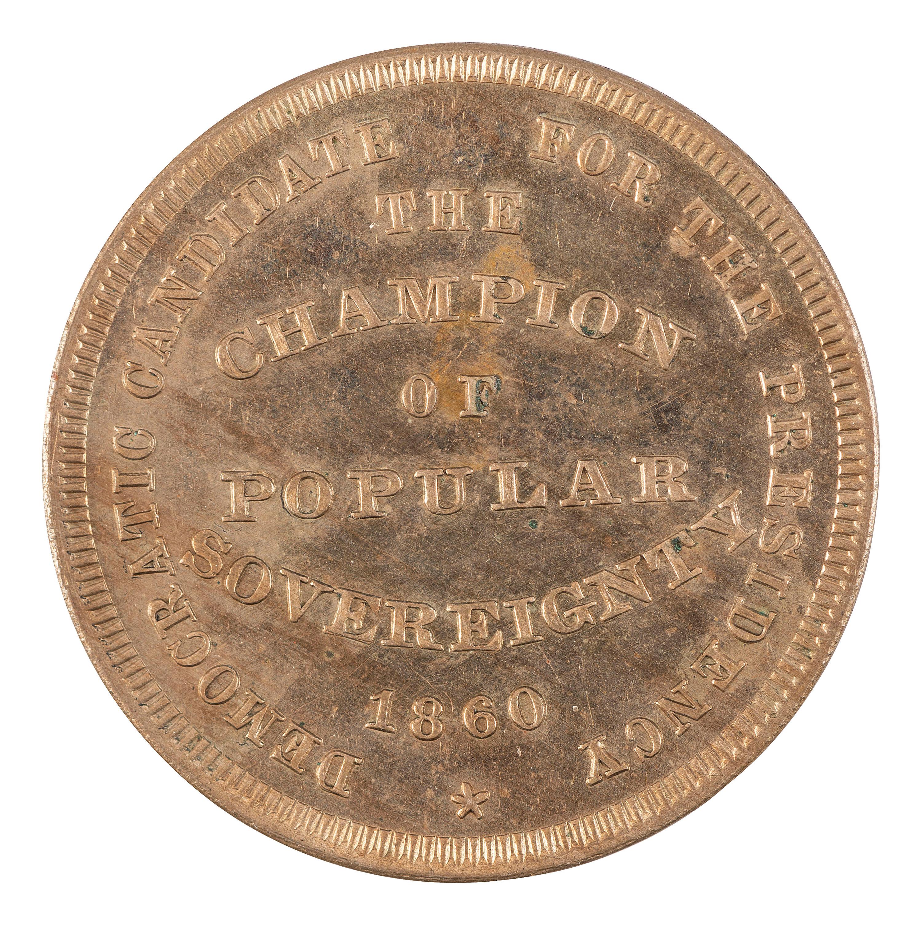 [POLITICS]. Stephen A. Douglas and Hershel Johnson, back-to-back campaign ferrotype badge and brass presidential token. 1860.