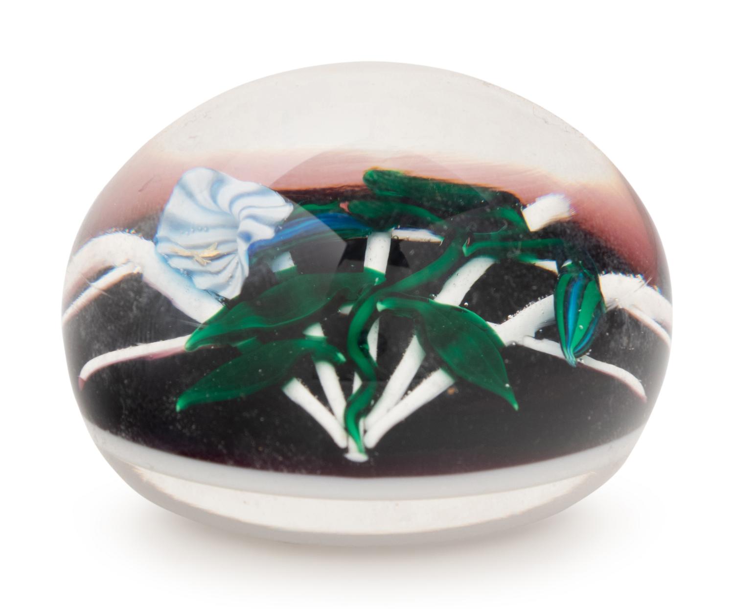 A Charles Kaziun Jr. Convolvulus on White Fan Trellis Glass Paperweight
