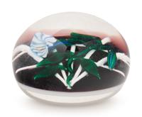 A Charles Kaziun Jr. Convolvulus on White Fan Trellis Glass Paperweight