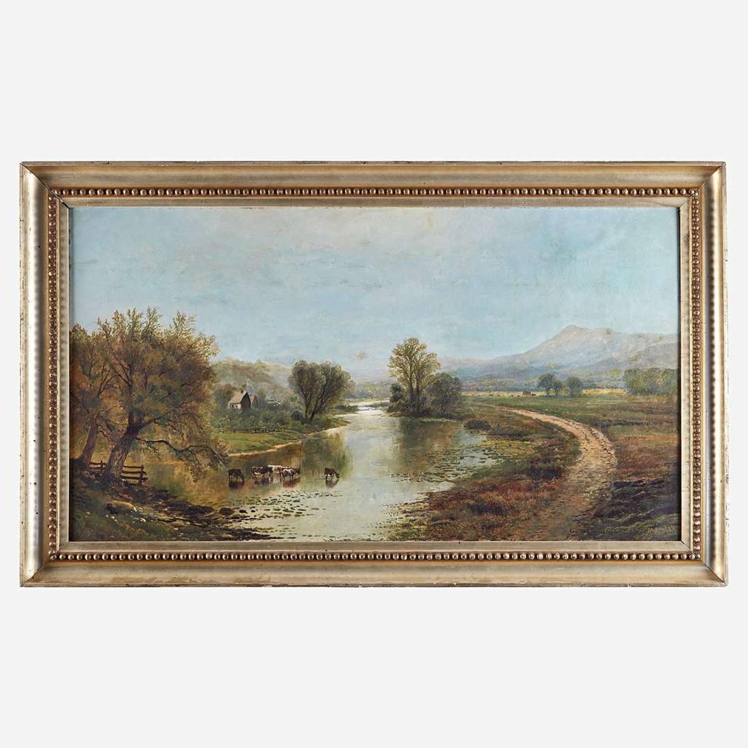 Edmund Darch Lewis (American, 1835-1910) Panoramic Landscape with Farms, River, Cows and Mountains