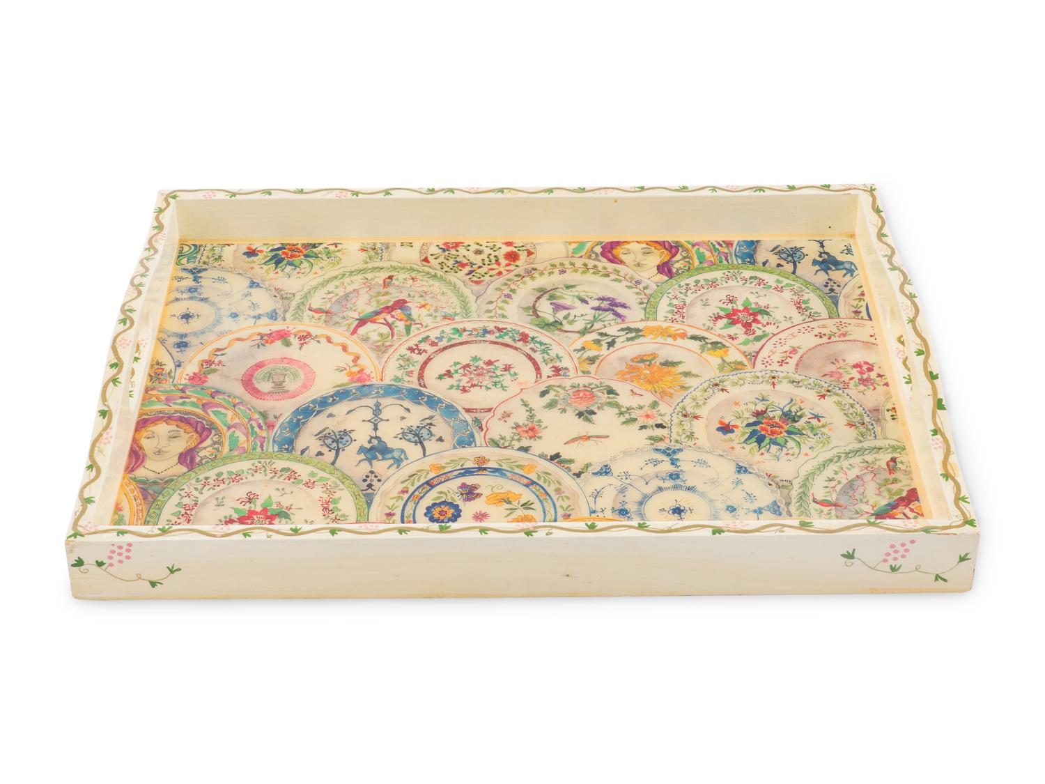 A Printed and Painted Wood Tray