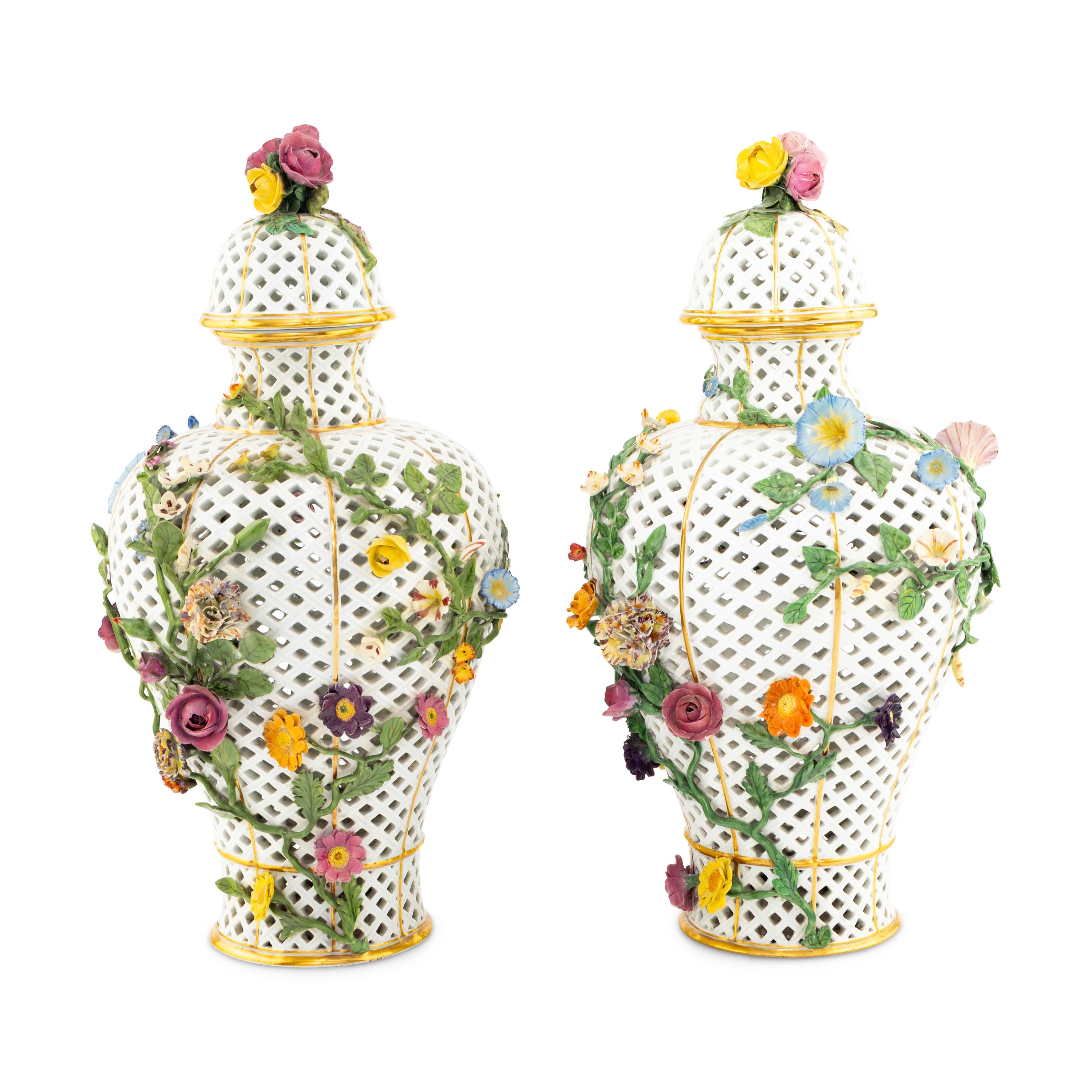A Pair of Meissen Porcelain Reticulated Urns