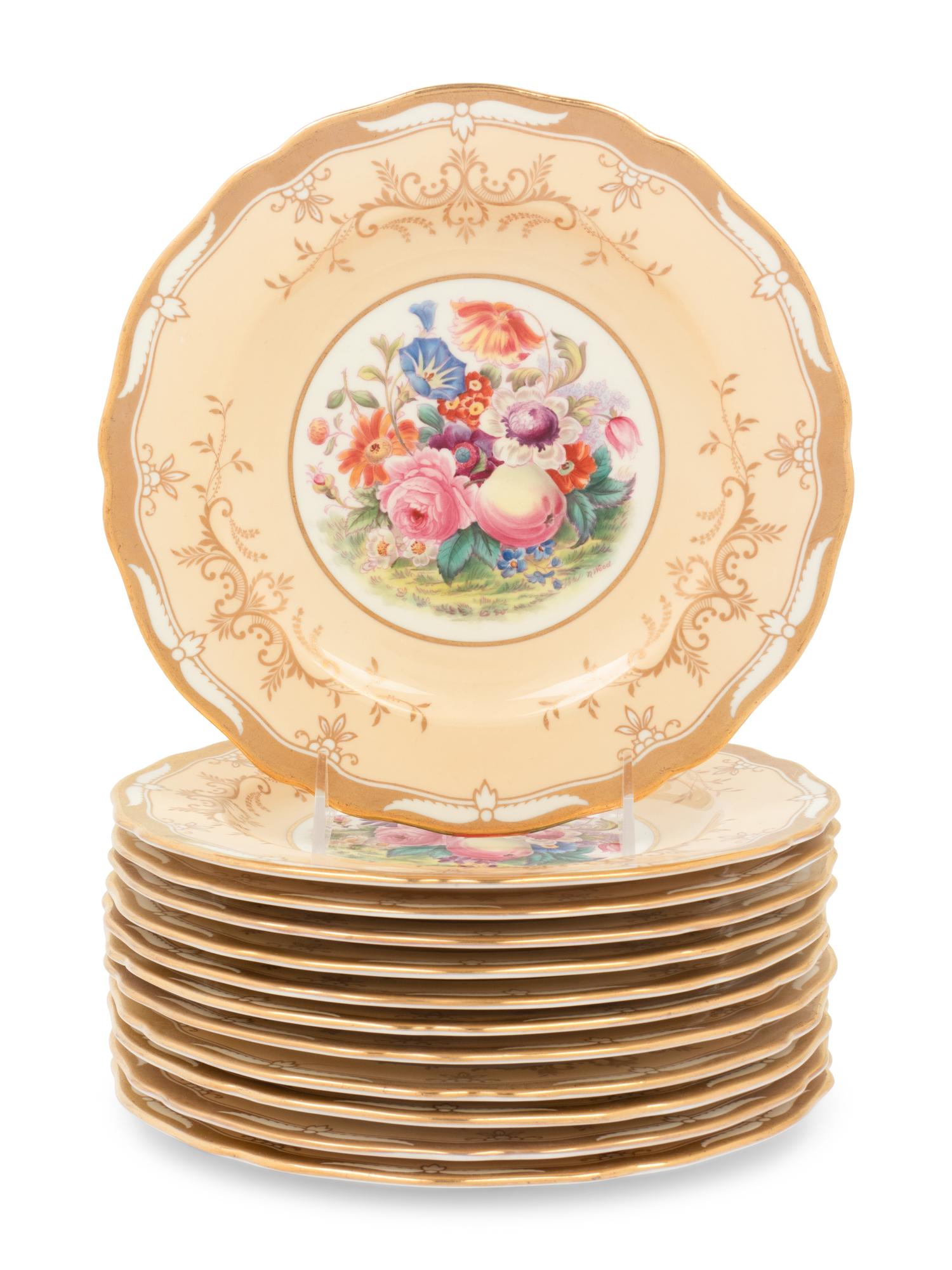A Set of Twelve Spode Hand Painted Parcel Gilt Dinner Plates