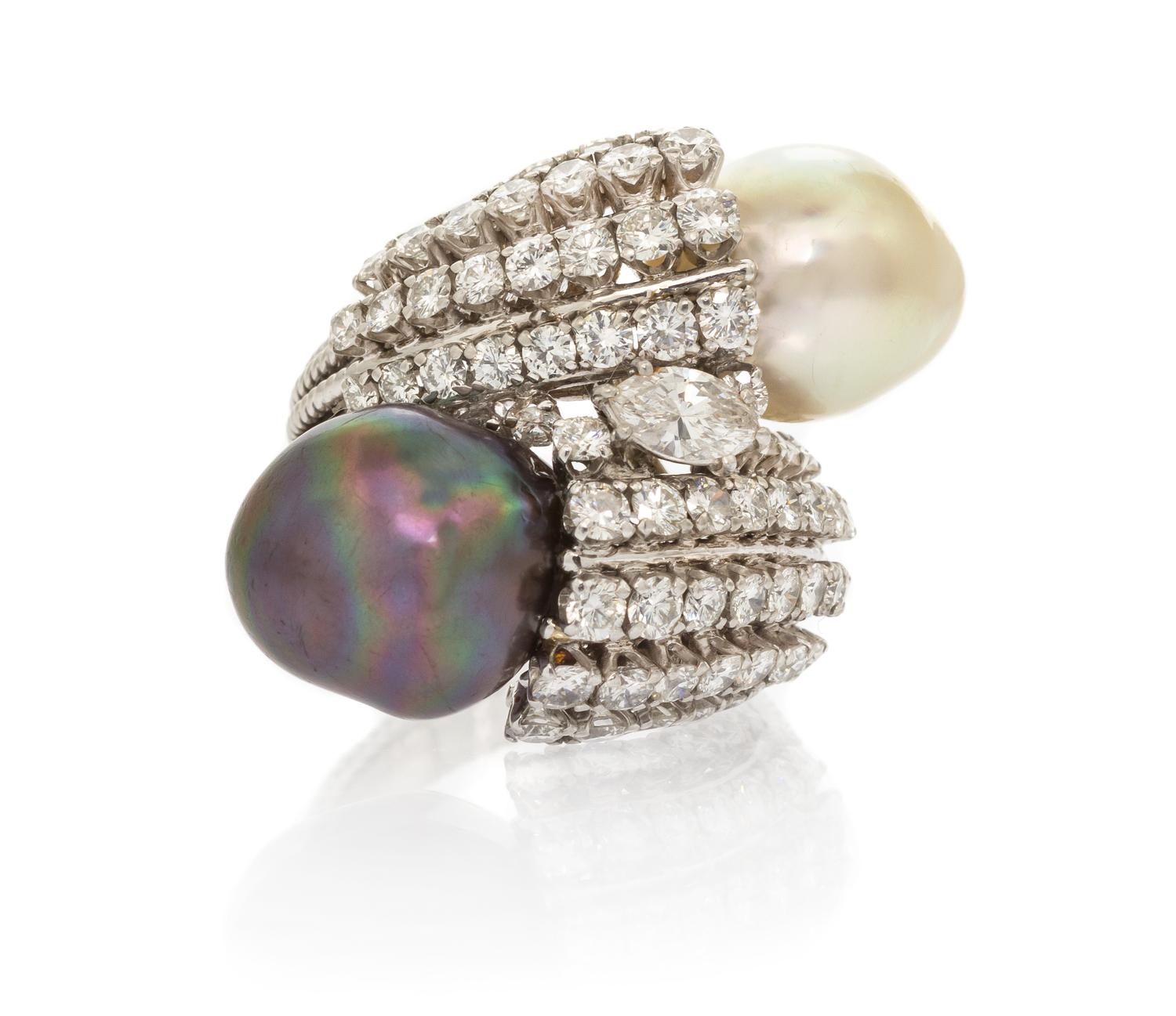 A White Gold, Cultured South Sea Pearl, Cultured Tahitian Pearl and Diamond Ring, 10.50 dwts.
