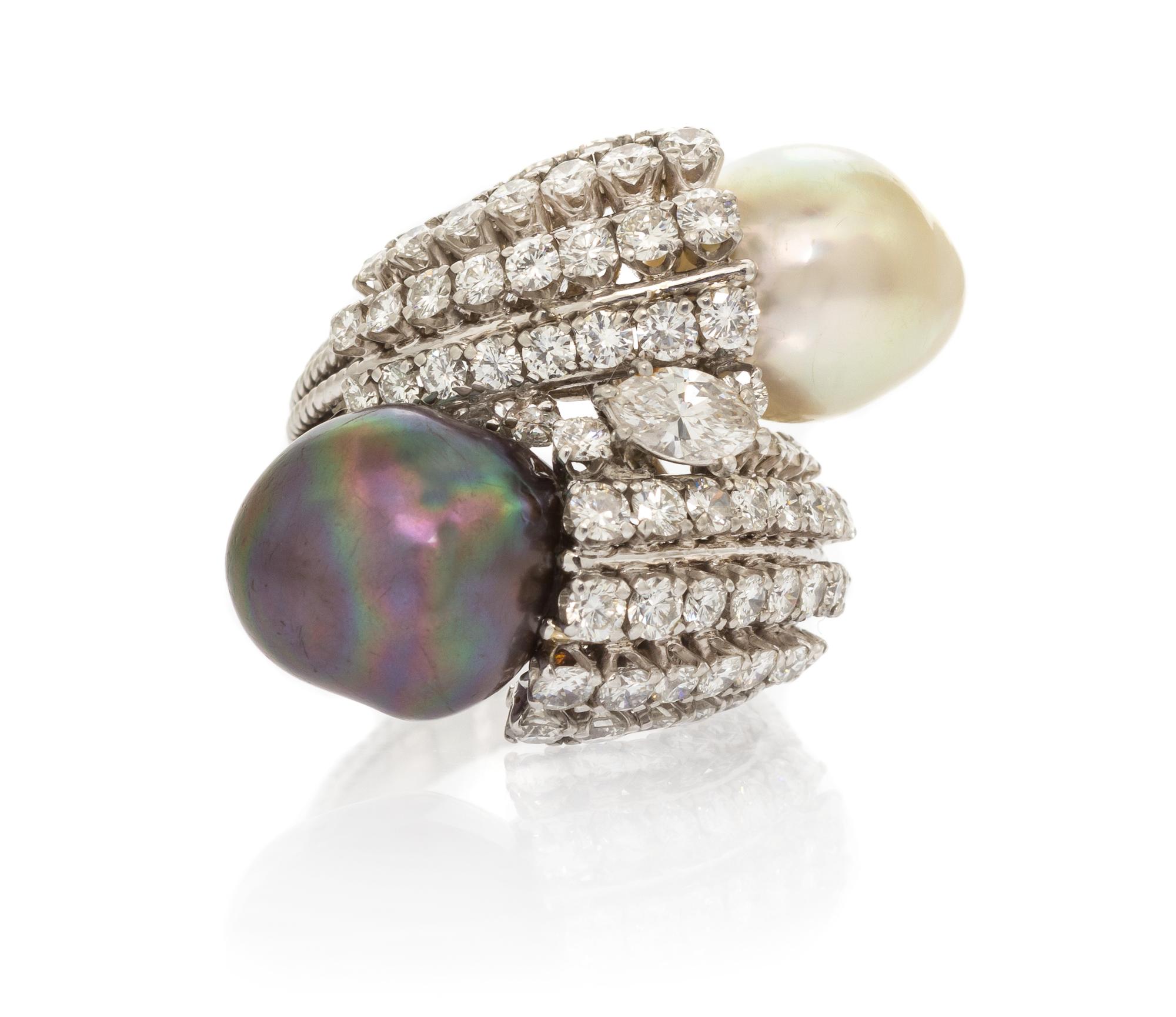 A White Gold, Cultured South Sea Pearl, Cultured Tahitian Pearl and Diamond Ring, 10.50 dwts.