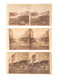[EARLY PHOTOGRAPHY - STEREOVIEWS]. [KEMPE & GATES, photographers]. A group of 7 stereoviews documenting the effects of the 1865 flood in Rochester, NY in real time. [Rochester]: [ca 1865].