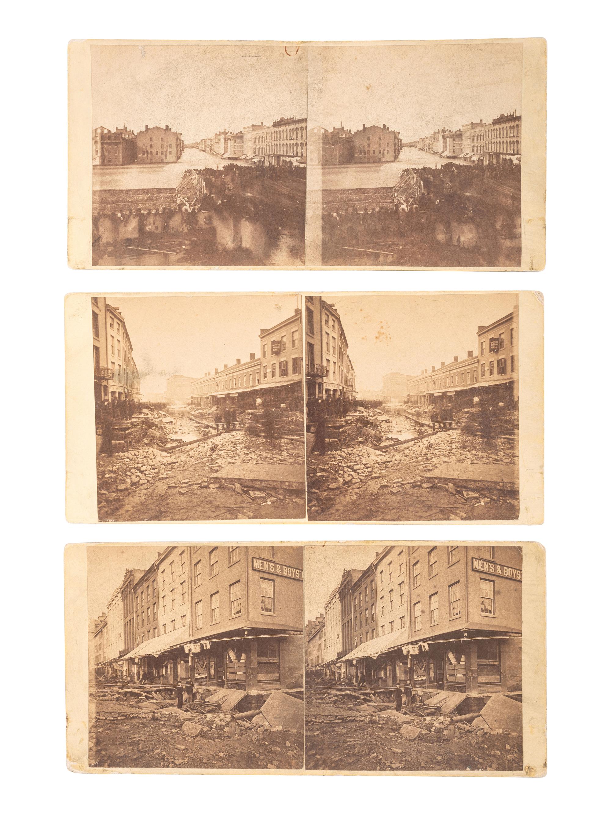 [EARLY PHOTOGRAPHY - STEREOVIEWS]. [KEMPE & GATES, photographers]. A group of 7 stereoviews documenting the effects of the 1865 flood in Rochester, NY in real time. [Rochester]: [ca 1865].
