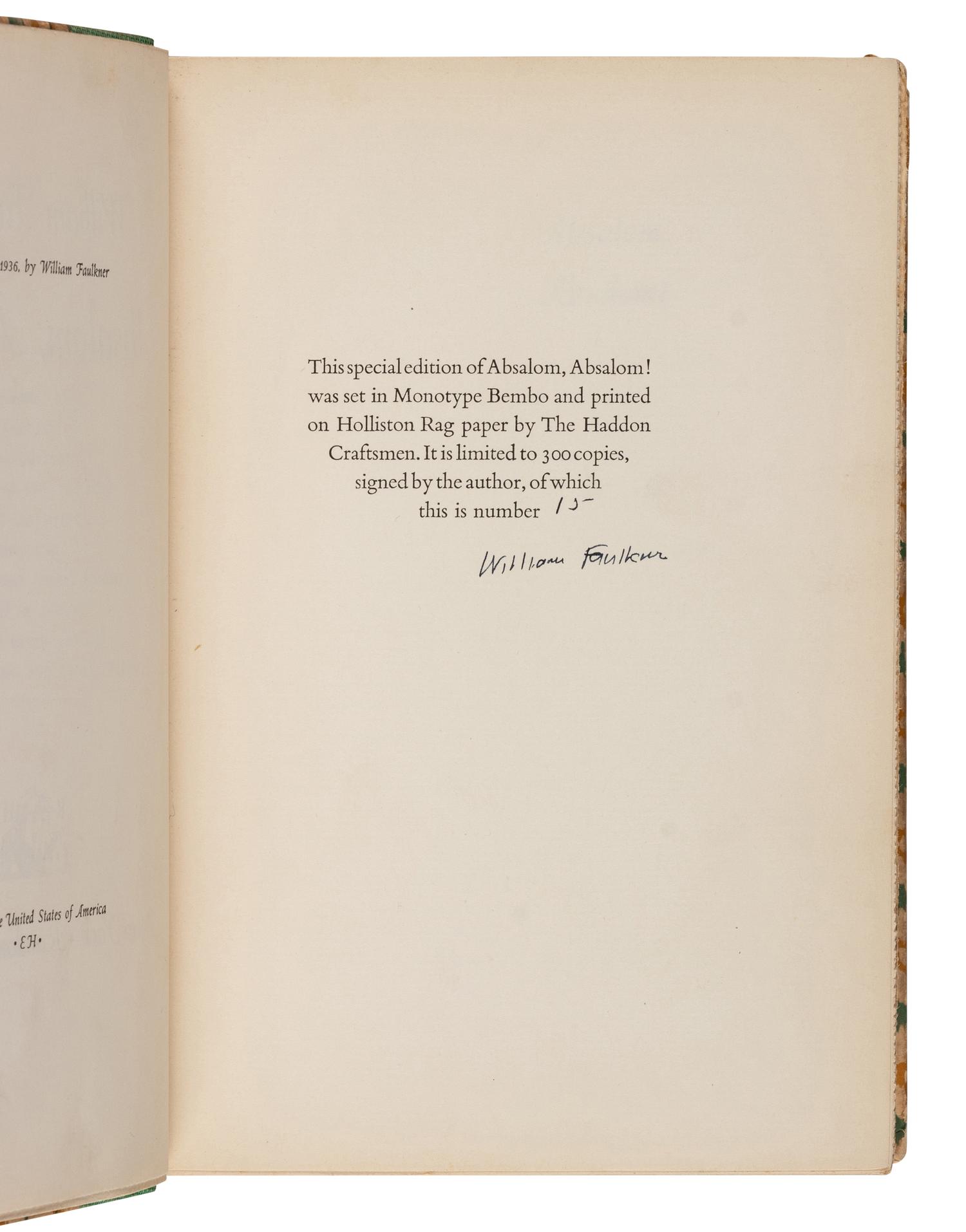 FAULKNER, William (1897-1962). Absalom, Absalom! New York: Random House, 1936.