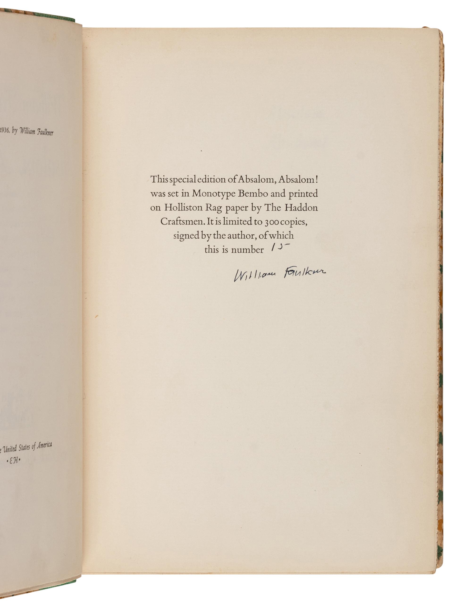 FAULKNER, William (1897-1962). Absalom, Absalom! New York: Random House, 1936.