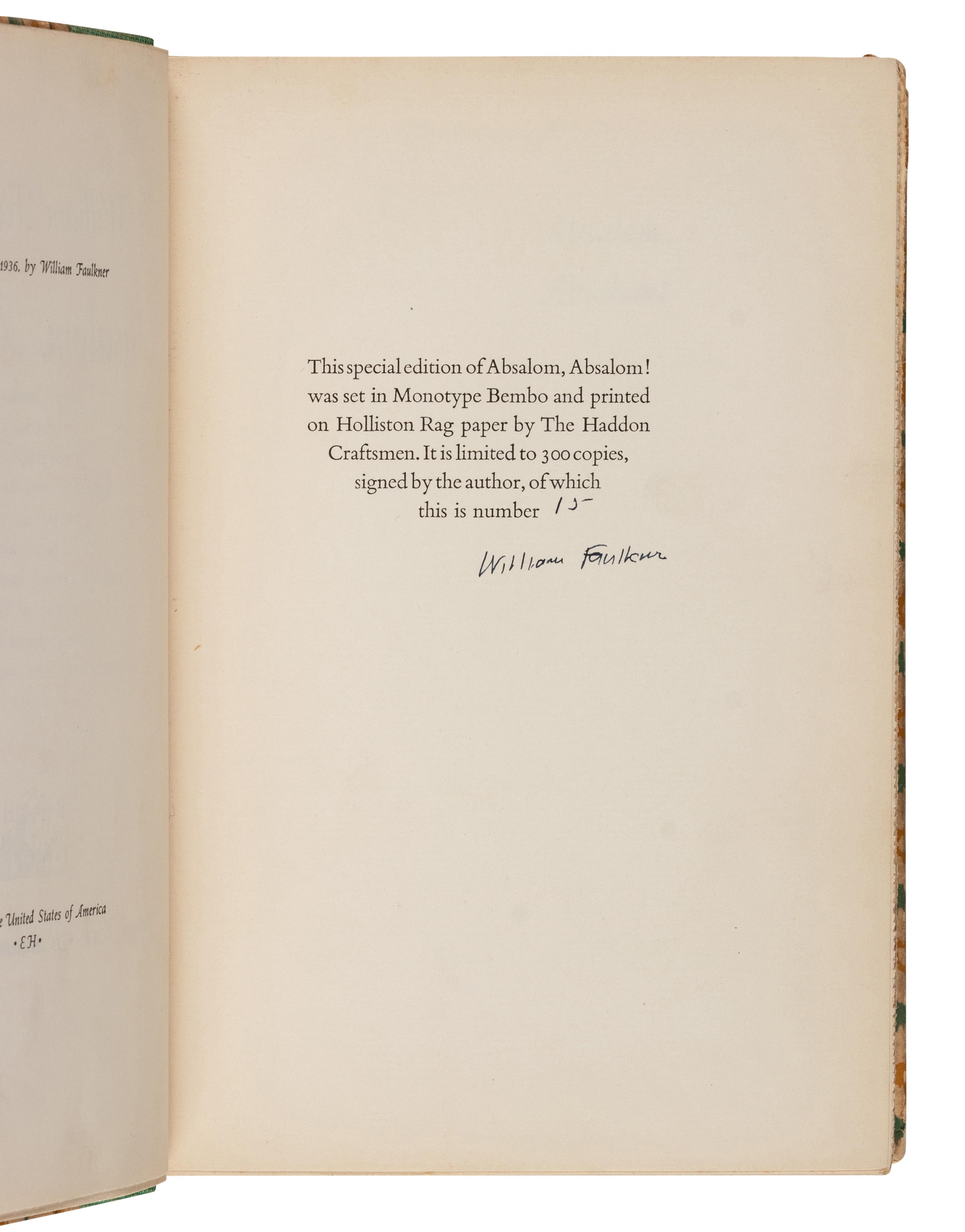 FAULKNER, William (1897-1962). Absalom, Absalom! New York: Random House, 1936.
