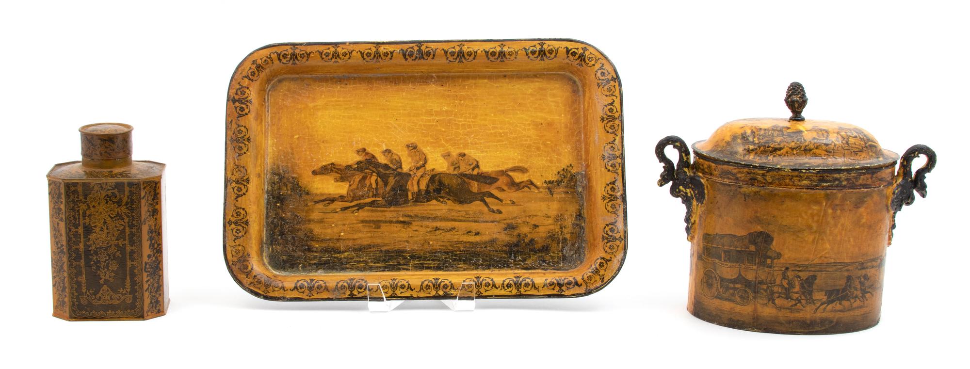 A Group of Three French Yellow Toleware Articles Length of tray 13 1/2 inches. — 19TH CENTURY