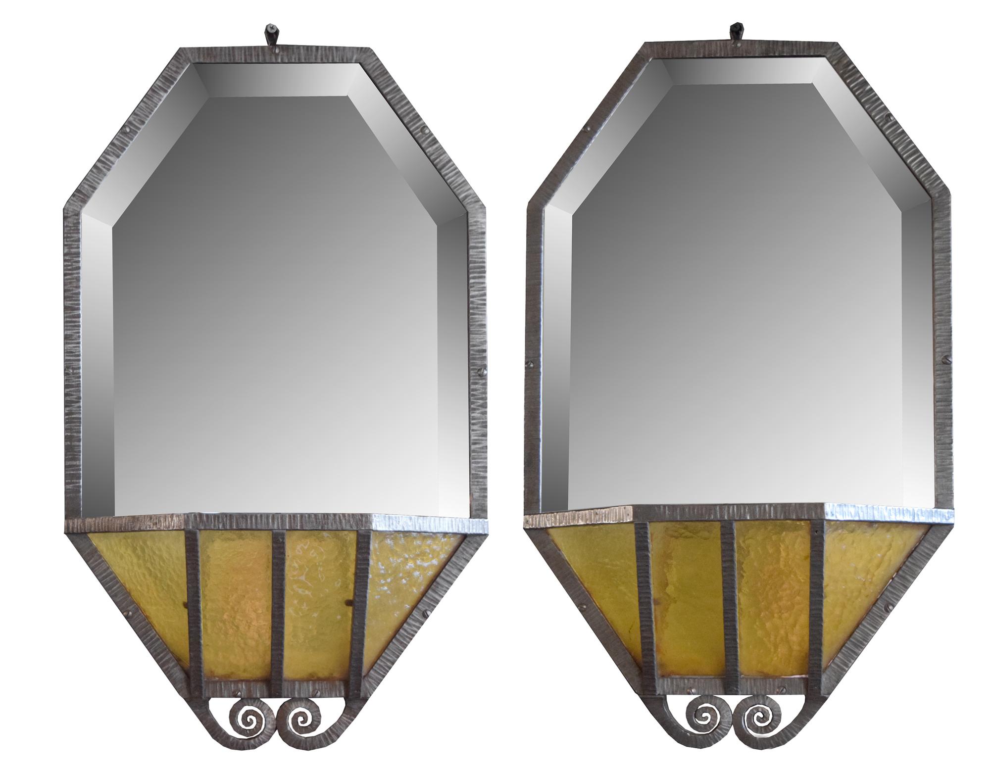 A Pair of Fer Forge Wrought Iron Mirrors with Pockets 15" W x 4.5" D x 25.5" H — France, Circa 1930