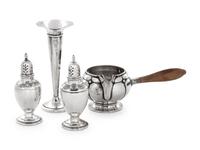 comprising a pair of salt and pepper shakers, a weighted trumpet vase, and a brandy warmer with wooden handle, 4 items total.
