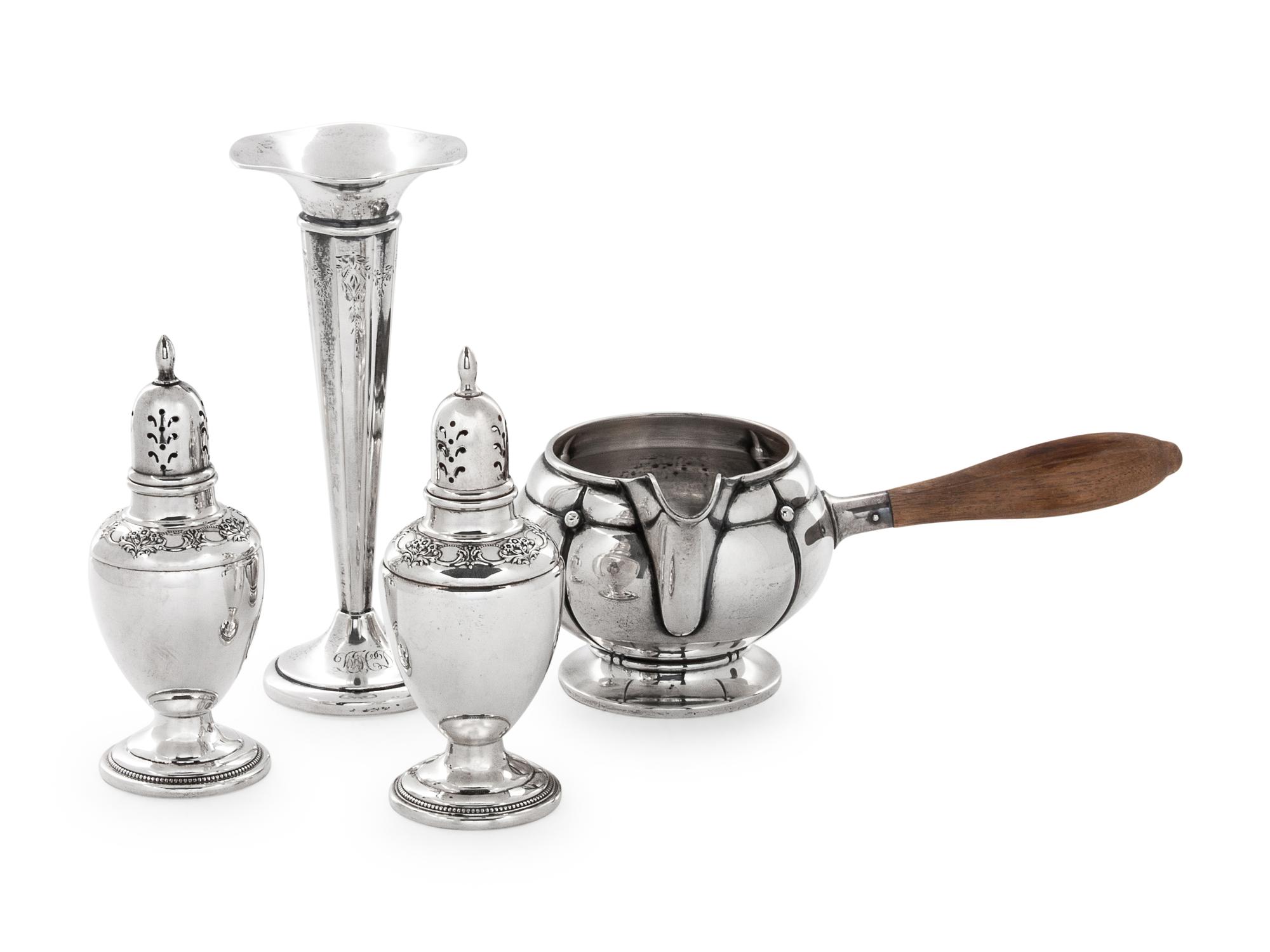 comprising a pair of salt and pepper shakers, a weighted trumpet vase, and a brandy warmer with wooden handle, 4 items total.