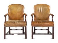 A Pair of George III Style Leather-Upholstered Mahogany Armchairs