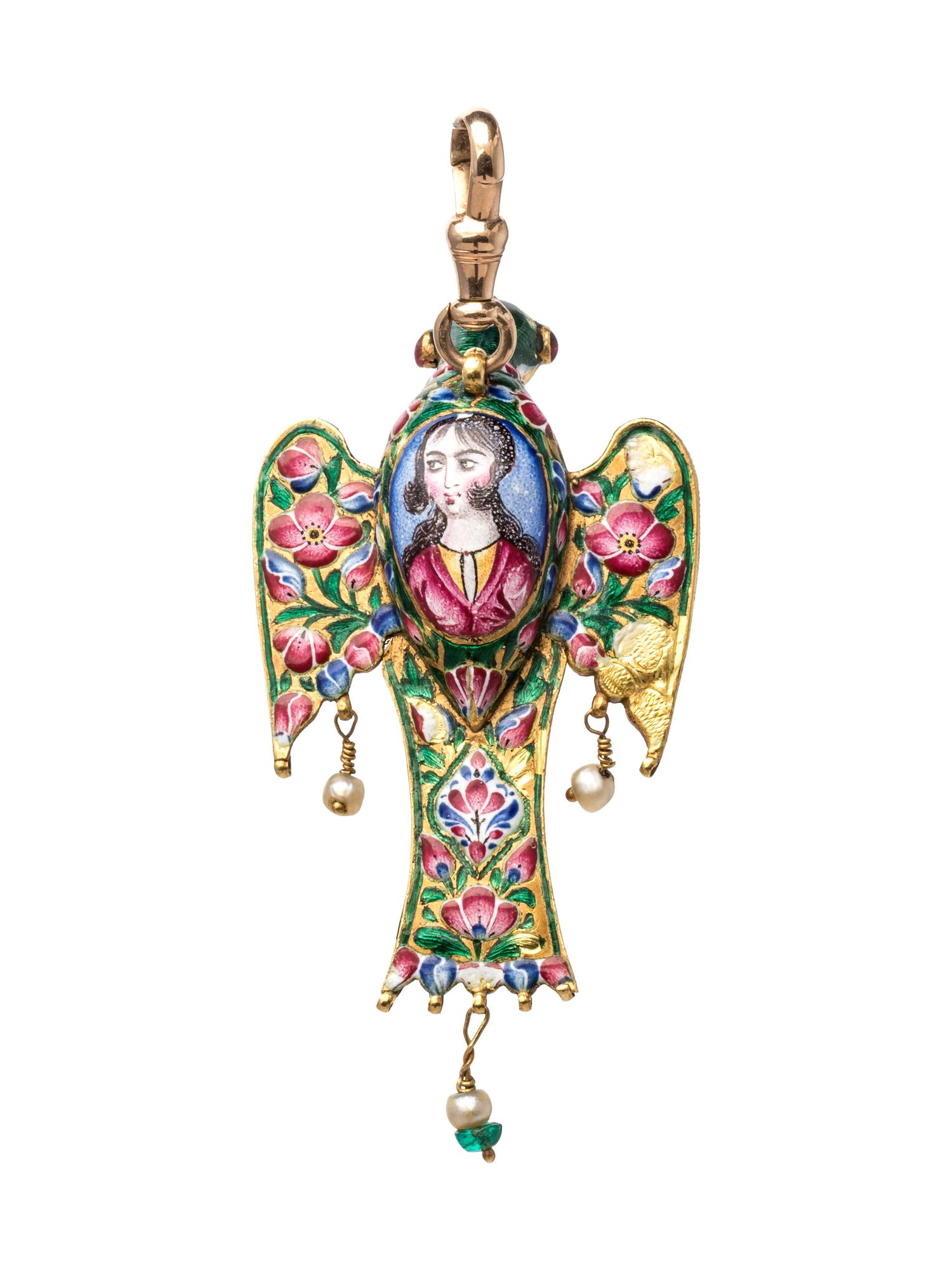 A High Karat Yellow Gold, Polychrome Enamel, Emerald, Turquoise, Cultured Pearl and Foilback Gemstone Bird Pendant, Qajar,